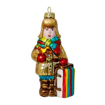 Елочная игрушка стеклянная Мальчик с санками 13 см