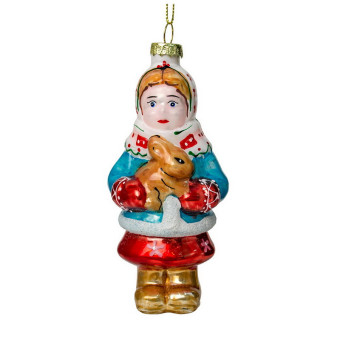 Елочная игрушка стеклянная Девочка с зайчиком 14 см