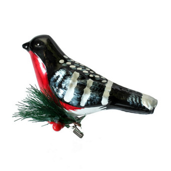 Елочная игрушка стеклянная Снегирь на прищепке 6 см